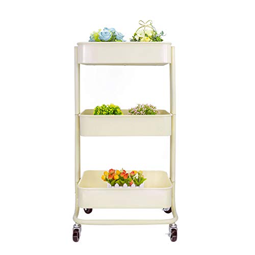 3-Tier Metal Storage Rolling Cart with Utility Mesh Basket and Wheels, Multifunction Heavy Duty Large Shelves, Mobile Organization Service Trolley for Office, Kitchen, Bedroom, Bathroom (Beige)