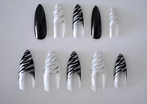 EDA LUXURY BEAUTY SILVER WHITE BLACK ANIMAL PRINT FRENCH GLAMOROUS DESIGN Full Cover Press On Artificial Tips Acrylic False Nails Extra Long Pointed Ballerina Almond Stiletto Super Fashion Fake Nails 2 EDA LUXURY BEAUTY SILVER WHITE BLACK ANIMAL PRINT FRENCH GLAMOROUS DESIGN Full Cover Press On Artificial Tips Acrylic False Nails Extra Long Pointed Ballerina Almond Stiletto Super Fashion Fake Nails