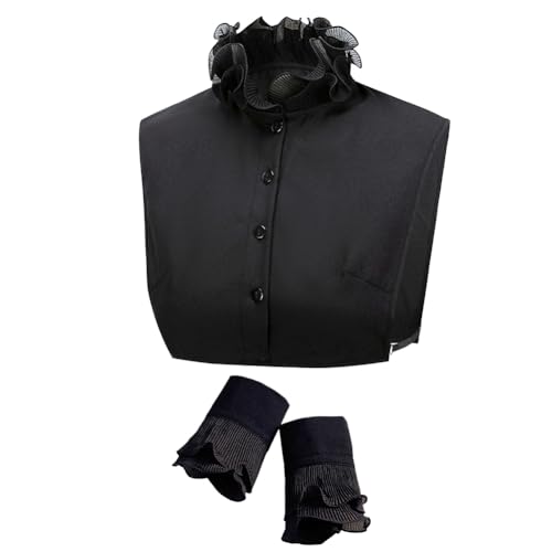 CABODYALS Black Detachable Ruffled False Collar with One Pair Pleated Sleeves Set Sylish Versatile Lace Up Dedign Half Shirts Blouses Faux Dickey Collars for Women Men Clothes Outfit Decor Accessories