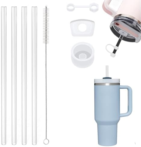 10 Pack Replacement Straws For Stanley Quencher 14oz/20oz | Reusable Clear Plastic Straws With Cleaning Brushes, BPA-Free, 9.37 Inch