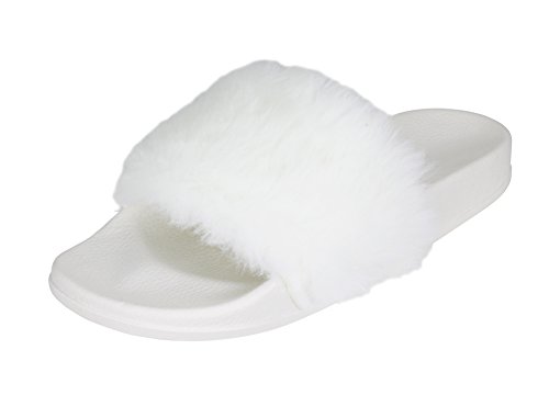 Adorllya Women Faux Fur Fluffy Fuzzy Slides House Slippers Sandals Flip Flops Furry Slides Sandals Wide Width Comfortable for Women Men (US 8, White)