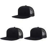 Qlauca 3Pcs Trucker Hats 7 Panel Blank Snapback Flat Brim Cap for Women Men | Mesh Cool Flat Bill Cap ,Adjustable Fitted Baseball Hat, Structured Bulk Sun Protection Cap