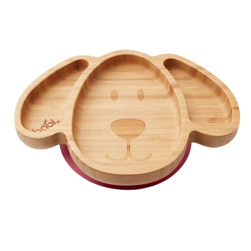 BABI® Baby Toddler Large Dog Plate, Natural Bamboo, with Stay Put Silicone Suction Ring (Cherry RED)