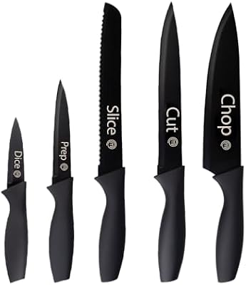 MasterChef Set Couteau Cuisine, Couteaux compris le Hachoir, Office, Chef, Legume & Eplucheur, Set Noir Inox avec Poignées Confortables, Collection Antirouille, Noir with captions, 5 Pièces