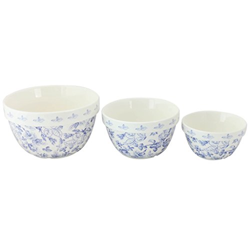 Pantry Size 3-Pc Nested Porcelain Mixing Bowl Set by Grace Teaware. Microwave Safe, Freezer Safe. 3-Sizes 42, 22 and 10-Ounce. (Blue Rose Floral)