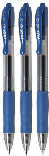 Pilot G2 07 Blue Fine Retractable Gel Ink Pen Rollerball 0.7mm Nib Tip 0.39mm Line Width Refillable BL-G2-7 (Pack Of 3)