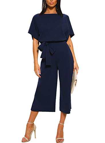 Asyoly Women Casual Long Pants Loose Wide Legs Jumpsuits Rompers Batwing Sleeve Crew Neck - Thumbnail 4