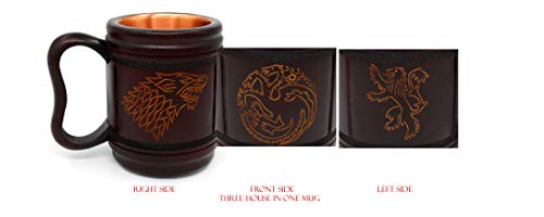 5MoonSun5's Handmade wooden Beer Mug copper Cup Carved Natural Beer Stein Old-Fashioned Barrel Brown Vintage Bar accessories - Wood Carving Stark Targaryen and Lannister Beer Mug Tankard for Men 16oz - Thumbnail 6