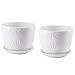 MyGift White Ceramic Small Plant Pot with Drainage Hole and Decorative Sunburst Design, 5 Inch Round Succulent Planters with Attached Saucers, Set of 2
