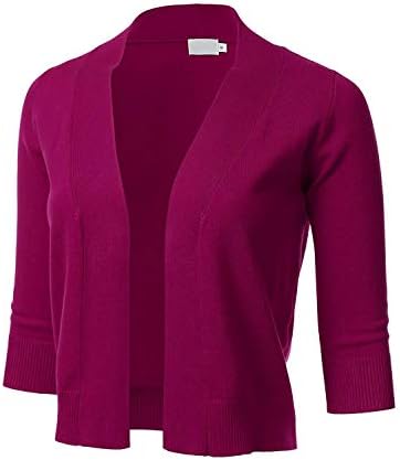 Women 3/4 Sleeve Solid Open Bolero Shrug Cropped Cardigan