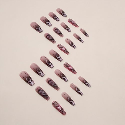 Halloween Press on Nails Long Coffin Fake Nails with Designs Cute Ghost False Nails Heart Flame Spider Skull Glue on Nails Full Cover Suqare Artificial Acrylic Stick on Nails for Women Girls 24 Pcs - Image 3