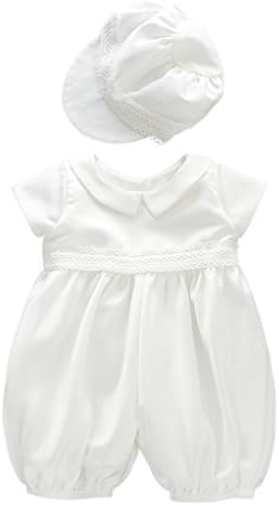Romping House Baby Boys Short Sleeves Christening Baptism Coverall Smocked Romper Two Piece Outfit With Hat White Size 18M