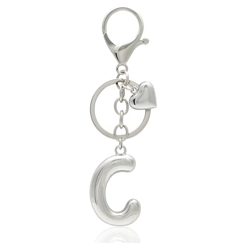ELYSTARA Initial Letter Keychain with Heart, Cute Bag Charm for Women, Premium Silver Aesthetic Purse Charms, Metal Monogram Pendant Chain, Personalized Accessories for Car Keys Totes Handbags (C) at Amazon