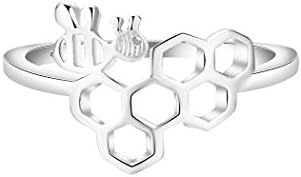 QIAMNI Geometric Polygon Molecular Ring Honeycomb Beehive Hive Bee Honeybee Animal Finger Ring for Women Birthday Gift