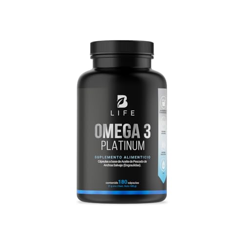 Omega 3 Aceite de Anchoa Salvaje con 180 Cápsulas de 1000 mg. Libre de Metales Pesados. Ingredientes Naturales. Omega 3 Platinum B Life.
