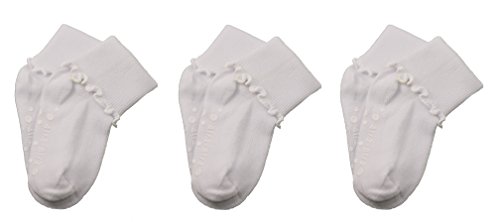 Sierra Socks Girls Cotton Lettuce Ripple Edge Turn Cuff Seamless Toe Non Skid 3 Pair Pack (Fits Shoe Size 4.5-8.5 Socks Size 5-6.5, White)