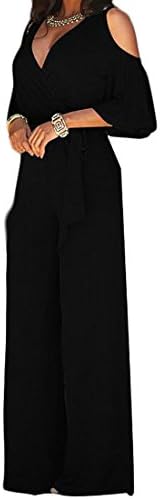 Frieed Womens Stylish 3/4 Sleeve Cut Out Shoulder Wrap Long Romper Jumsuit With Belt Black XL