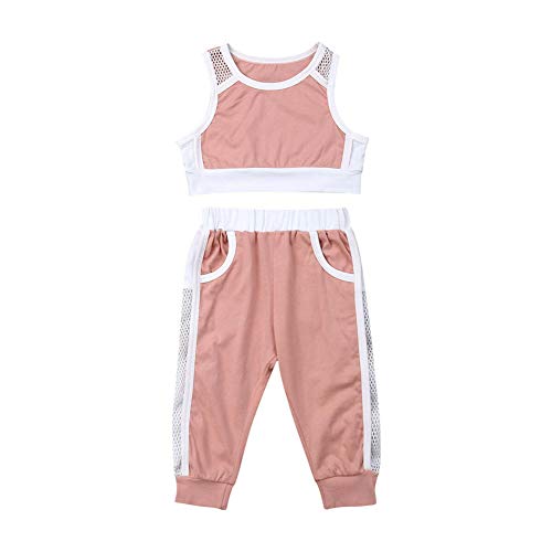 Toddler Baby Girl Solid Mesh Outfits Kids Sleeveless Sport Crop Tops Long Pants with Pocket Tracksuit Clothes (Pink,1-2T)