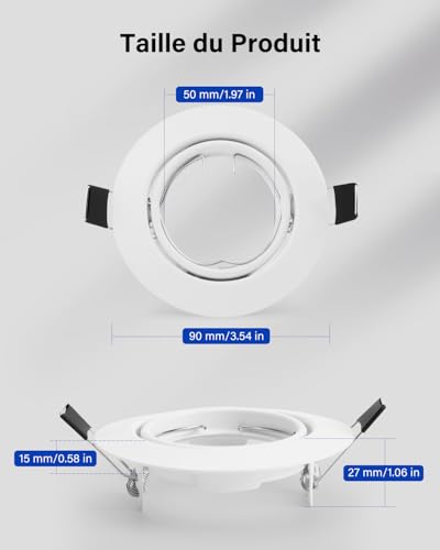 Leselux GU10 Recessed Spotlight Set, 10 Pieces White Spotlight Frame with GU10 Socket, Round Mounting Frame Spotlight, 60° Swivel, Mounting Hole Diameter 68-80 mm, 230 V, for LED or Halogen Lamps