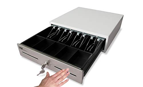 HK SYSTEMS 13" Heavy Duty Compact White Manual Push Open Cash Drawer with 4 Bill /5 Coin Till Stainless Steel Front