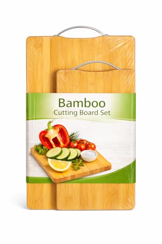SKY-TOUCH 2 Size Bamboo Cutting Boards Set, Chopping Boards with Handle, Non-Slip Wooden Double-Side Using for Meat, Cheese, Fruits & Bread, 34x24cm and 30x20cm, Wood Yellow