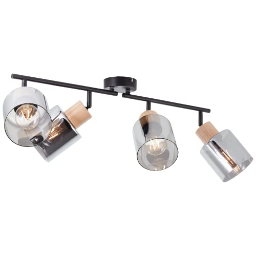 Lightbox eleganter Deckenspot mit rauchfarbenen Glas Schirmen & schwenkbaren Köpfen - 4 x E27 max. 40 W - 23 cm x 73 cm - aus Metall/Glas/Holz aus Kautschukbaum - in Schwarz/Rauchfarben/Holzfarben