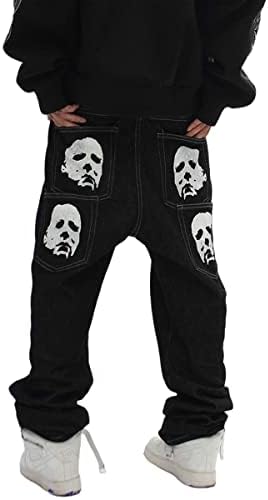 Hip Hop Gothic Denim Pants Streetwear Mens Graphic Print Baggy