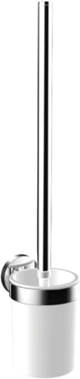 Emco Round Toilet Brush Set, Toilet Brush with Metal Holder and Handle and Plastic Container, Toilet Brush for Wall Mounting, Chrome/White