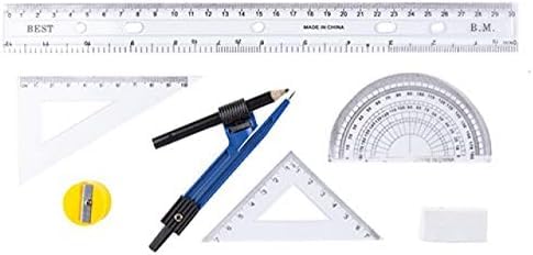 8 Piece Maths Geometry Compasses Set, including: 30cm ruler, protractor, compass, two set squares, pencil, eraser and sharpener for Maths Learning, Home Schooling, Office.