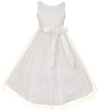 Little Girls White Sash Taffeta Tulle Flower Girl Easter Dress 6