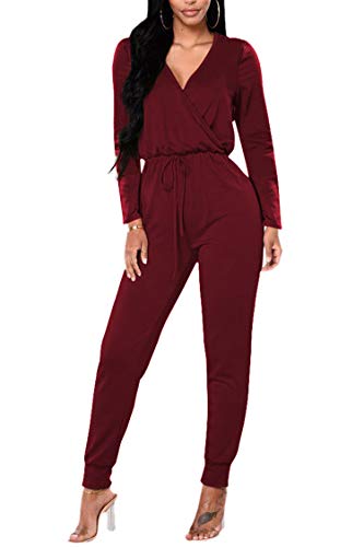 Fixmatti Fall Romper Solid Color Long Sleeve V High Waisted Jumpsuit Women Red S