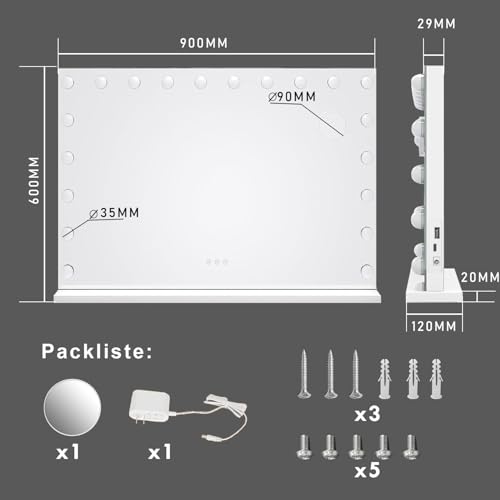MIQU Espejo Maquillaje con Luz 90x60cm,Espejo Tocador Hollywood con 20 Bombillas LED,3 Modos de Luz,Intensidad Ajustable,con Puerto USB/Type-C,Aumento 10X,Control Táctil,para Mesa o Pared