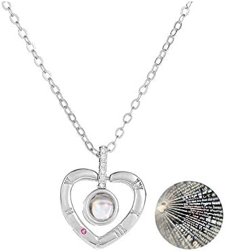 Jungle Lawer Love Memory Projection Necklace Heart Love Necklace 100 Languages I Love You Clavicle Necklace for Women Girls Valentines Day Present Anniversary Thanksgiving Day Jewellery Gifts(Silver)