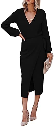 Meenew Women's Wrap Sweater Dress Slit Front Tie Waist Long Sleeve Bodycon Dress, Black, M price in UAE | Amazon UAE