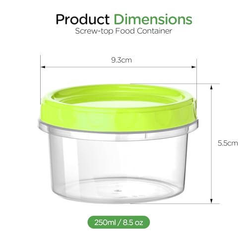 VINATO 18Pcs Food Containers, 250ml Small Plastic Jars with Caps, Set of Plastic Boxes in Red, Green & Orange, Freezer Containers, Stackable
