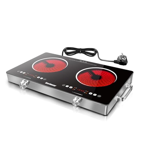 Karinear Portable 2-Burner Ceramic Hob with Handle, Electric Camping Hob, 650°C Max, 2 Burners with VDE Socket, Child Safety, Residual Heat Indicator, 220-240V