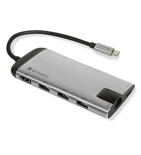 Verbatim USB-C Multiport Hub - USB 3.0, HDMI, 4K, Ethernet, SD/microSD, Quick-Charge Connector, for Laptop, MacBook, grey 49142