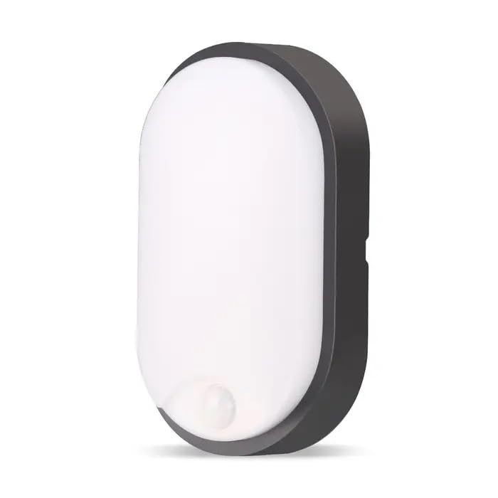 Bright Source Outdoor 10w LED Oval Bulkhead, Black, IP65, 1000lm, Black, PIR Motion Sensor, 3CCT 3000K 4000K 6000K