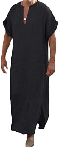 KLJR Men Solid Cotton Linen Plus Size Short Sleeve Muslim Arab Thobe Thawb Caftan Robes