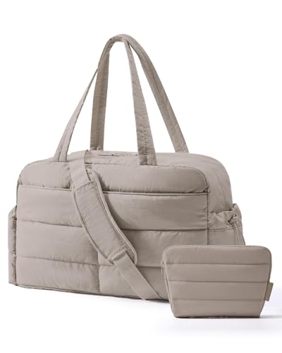 BAGSMART Puffer Travel Duffle Bag for Women, 31L Lightweight Quilted Laptop Carry on Gym Bag, Water Resistant Organizer for Weekender Overnight Hospital Sports Workout, Khaki