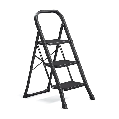 Escalera de Tijera, Escalera con 3 Peldaños, Peldaño Plegable, Bloqueo de Seguridad, Fácil de Guardar, Carga hasta 150 kg, Negro GSL003BZ01