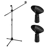 Flexzion Tripod Microphone Stand with Extending Boom Arm and Dual Mic Holder Clip On Stage Steel Construction 360-degree Rotating Folding for Conference Church Studio Audio DJ
