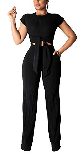 Womens Two Piece Outfits Short Sleeve Crop Tops High Waist Long Pants Jumpers Pocket & Belt