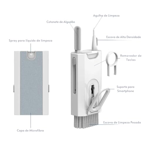 Kit de Limpeza Multifuncional para Eletrônicos – 8 em 1: Teclado, Fone de Ouvido, Telas, Pincel de Alta Densidade, Removedor de Teclas, Microfibra, e Suporte para Smartphone | SHOPNAL