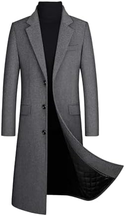 chouyatou Men's Fall Winter Office Single Breasted Long Dress Wool