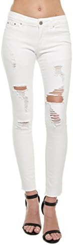 MADRACK213 Womens White Destroyed Ripped Slashed Slit Knee Skinny Jeans With Frayed Hem (9)