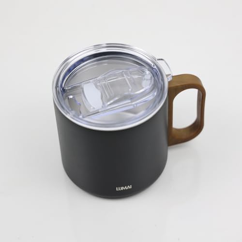 LUMAI Caneca Térmica 350ml Inox com Tampa Antivazamento Premium - Preta | Caneca de Café Caraíva, Aço Inox 304, Parede Dupla com Isolamento Térmico, Alça Estilo Madeira, Bebidas Quentes ou Frias