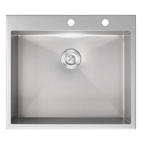 MOWA HMT2522 25" x 22" Pro Series Handmade 16 Gauge Stainless Steel Top Mount Drop In Single Bowl Kitchen Sink w/Sink Bottom Grid, Basket Strainer, Brushed Nickel Pull-down Faucet