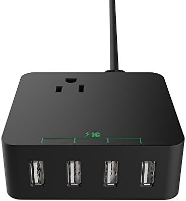 Mini Smart Charging Station, Wellsenn 5V-4A / 4-Port Desktop Smart USB Charging Station with 1 Surge Power Strip (Black)