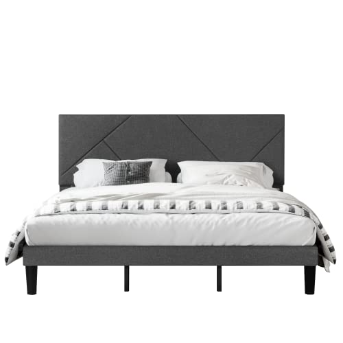 SHA CERLIN King Size Upholstered Bed Frame with Geometric Headboard